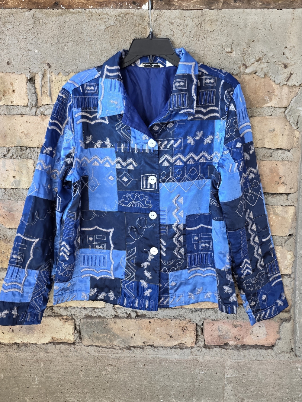 Vintage French Laundry Blue Embroidered Patchwork Satin Button Jacket Large